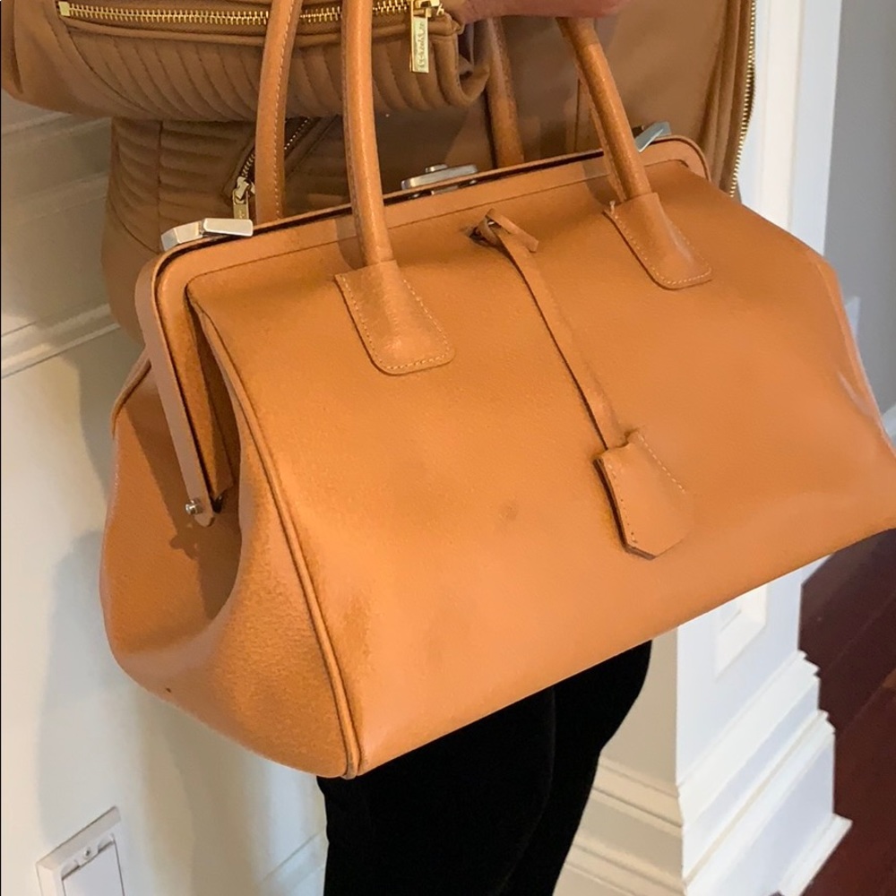 Camel Italian Leather Satchel Bag